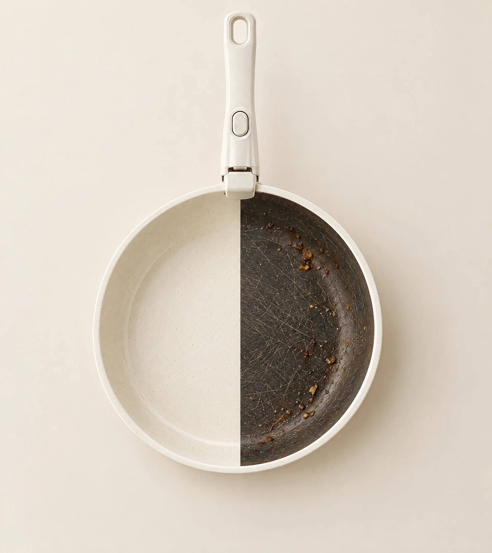 Illustrative pan: new ceramic surface at left, scratched worn coating and stuck food at right