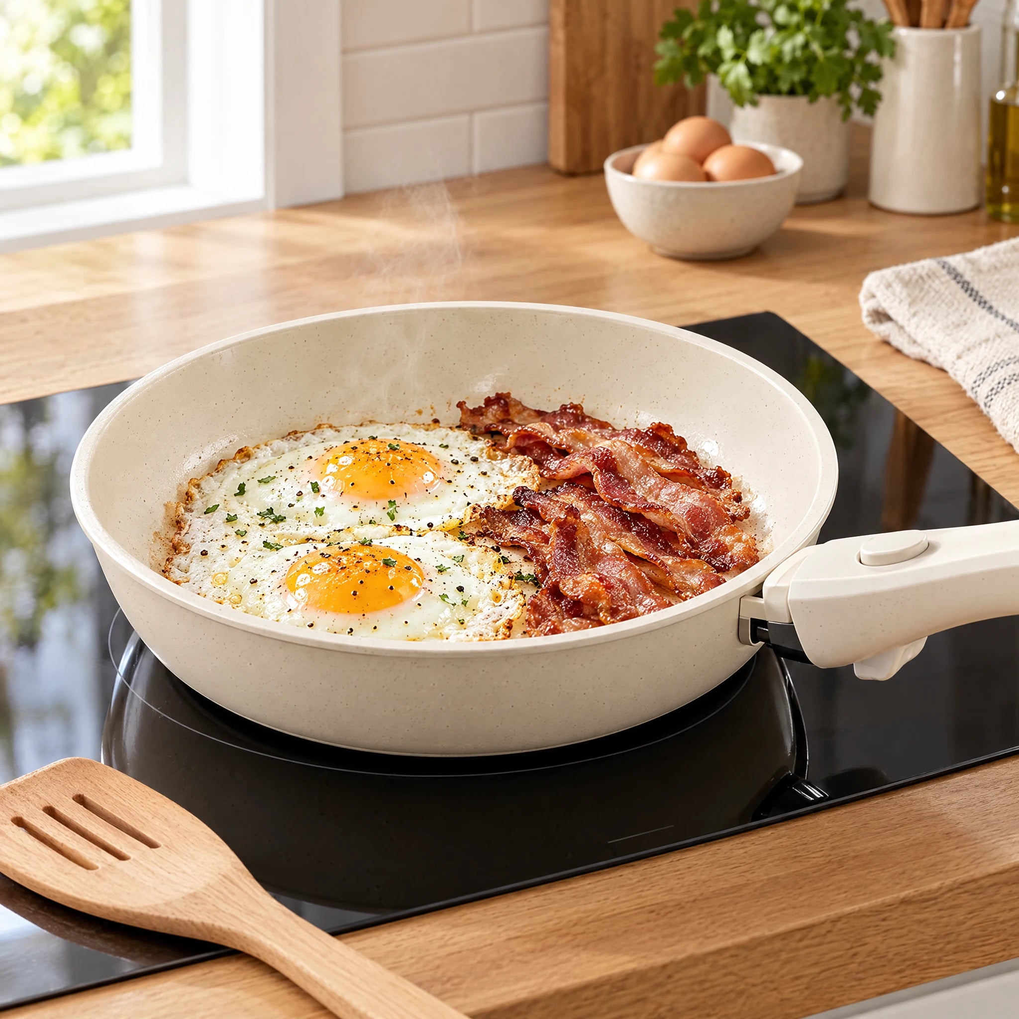 Eggs and bacon in an ivory frying pan