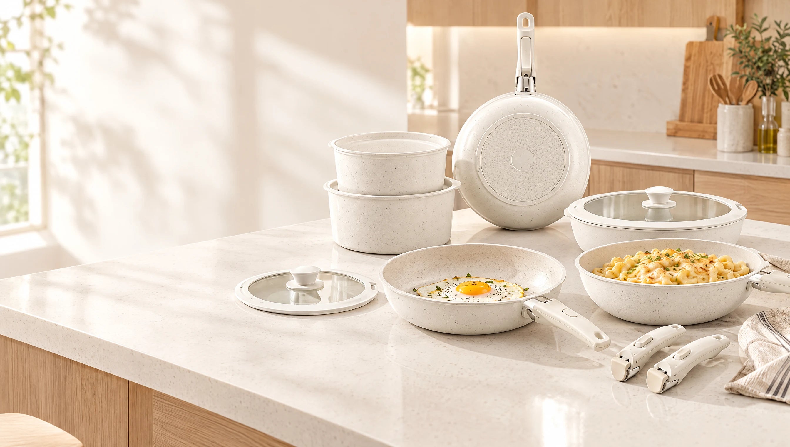 American breakfast with cream cookware in a sunlit kitchen