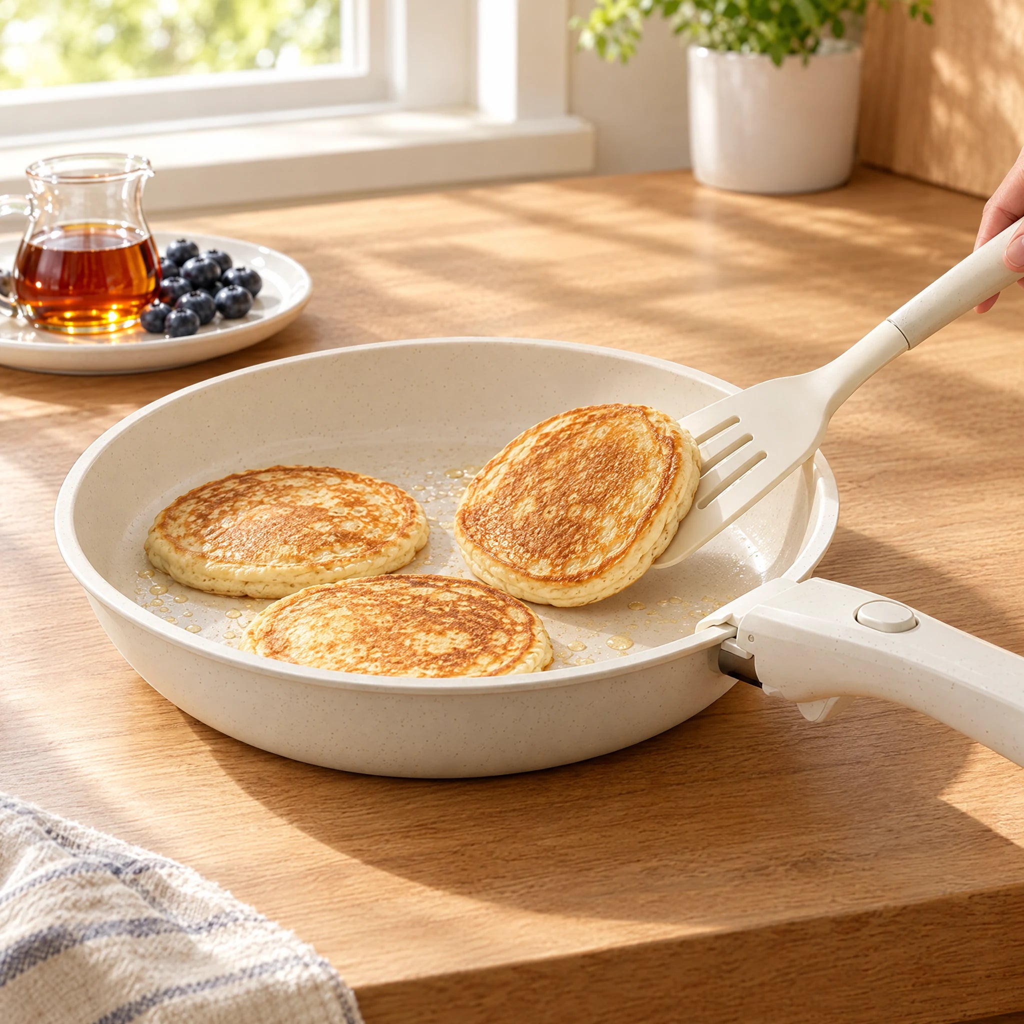 American pancakes on an ivory griddle